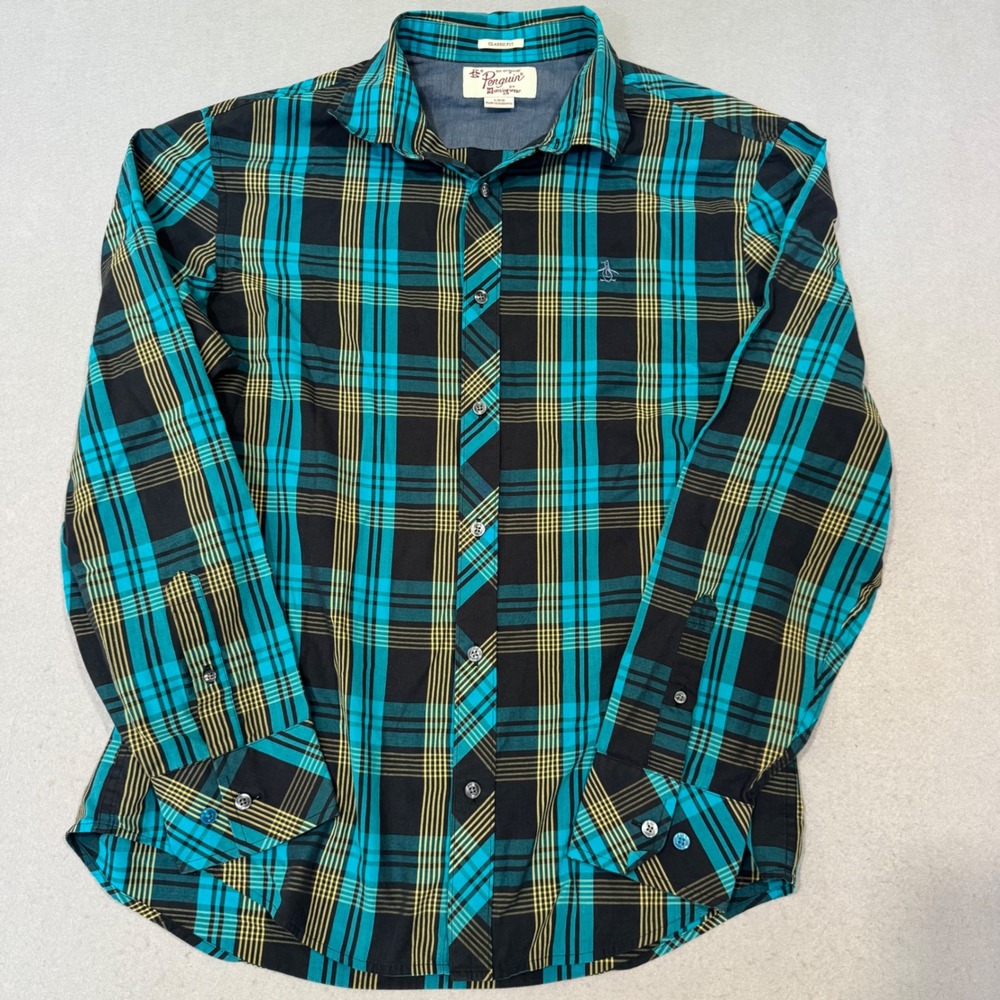 Original Penguin Button Down Shirt Men Large Turquoise Plaid Classic Fit Long Sl